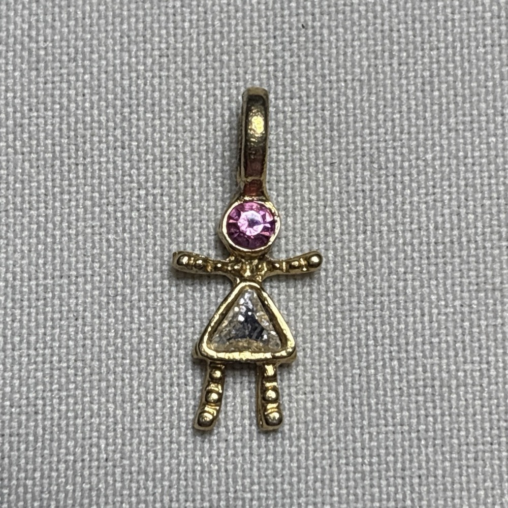 Vtg Birthstone Charm Pendant Goldtone Base Metal Small Stick Girl Pink Stone